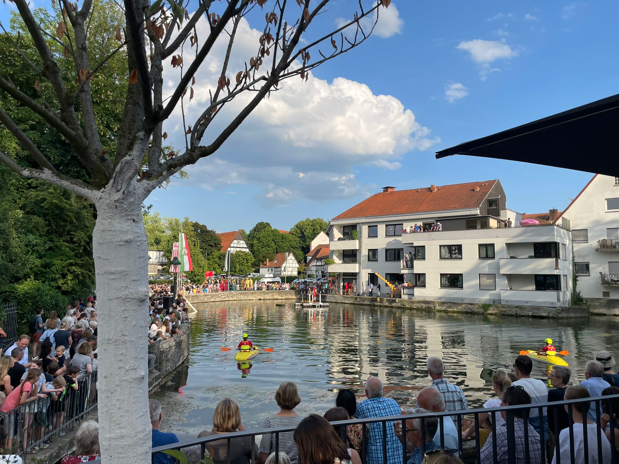 Ansicht des großen Teiches mit Wippe im Hintergrund