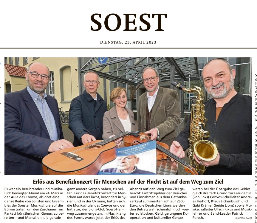 Bericht Soester Anzeiger 25.04.23 zum Benefizkonzert